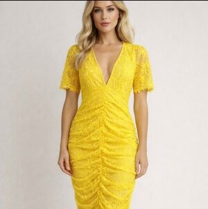 Zara | Yellow Lace Ruched Midi Bodycon Dress